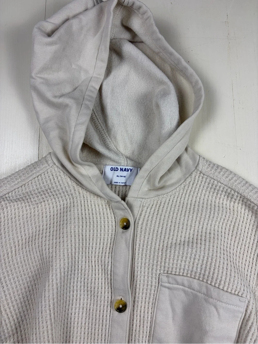 Old Navy Cream Waffle Knit Hooded Button-Front Shirt